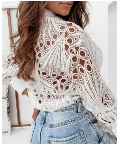 Shirt For Women 2022 Sexy Fashion Eyelet Embroidery Long Sleeve Turn-down Collar Button Down Cotton Shirt $40.88 - Tops & Tees