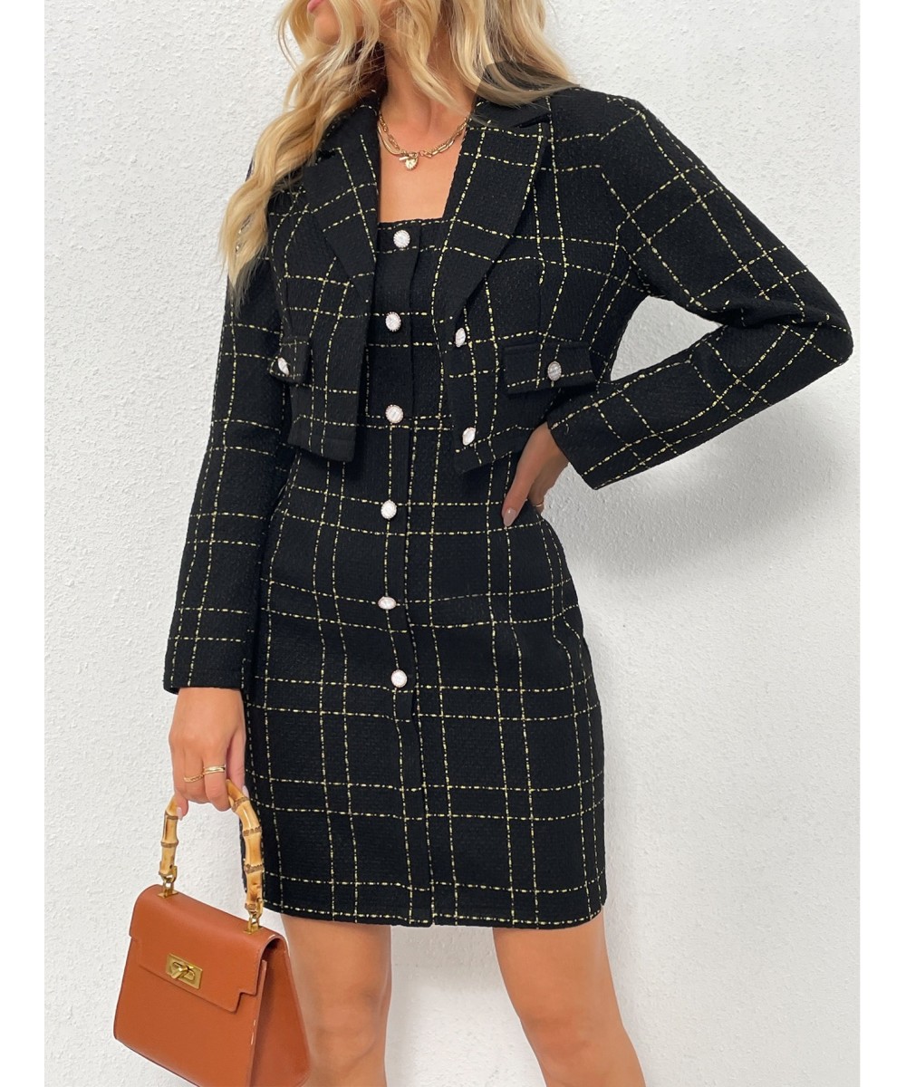 Elegant Two Piece Set Womens Outfits Blazer Mujer And Tweed Suspender Dress Small Fragrance Button Woman Clothes For 2022 $64...