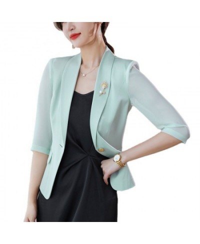 Light Green Chiffon Casual Blazer Women Summer Thin New Fashion Temperament Slim Half Sleeve Jacket Office Ladies Work Coat $...