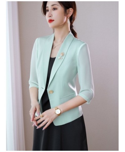 Light Green Chiffon Casual Blazer Women Summer Thin New Fashion Temperament Slim Half Sleeve Jacket Office Ladies Work Coat $...