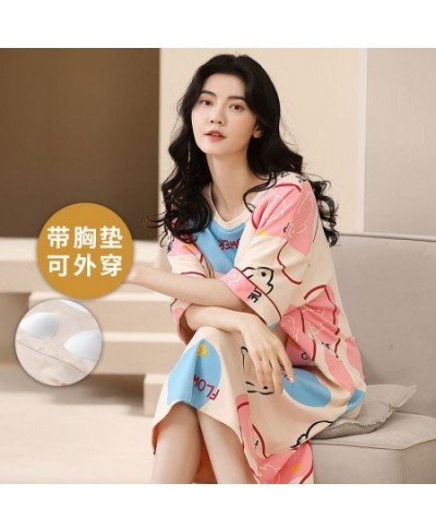 M-5XL Summer Ladies Pure Cotton Plus Size Nightdress with Chest Pad Girl Cute Short-sleeved Summer Long Soft Korean Sleep Dre...