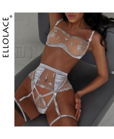 Short Skin Care Kits Sensual Lingerie Sliver Embroidery Bra Lace Sexy Set Woman 2 Pieces with Garters Erotic Underwear $31.03...