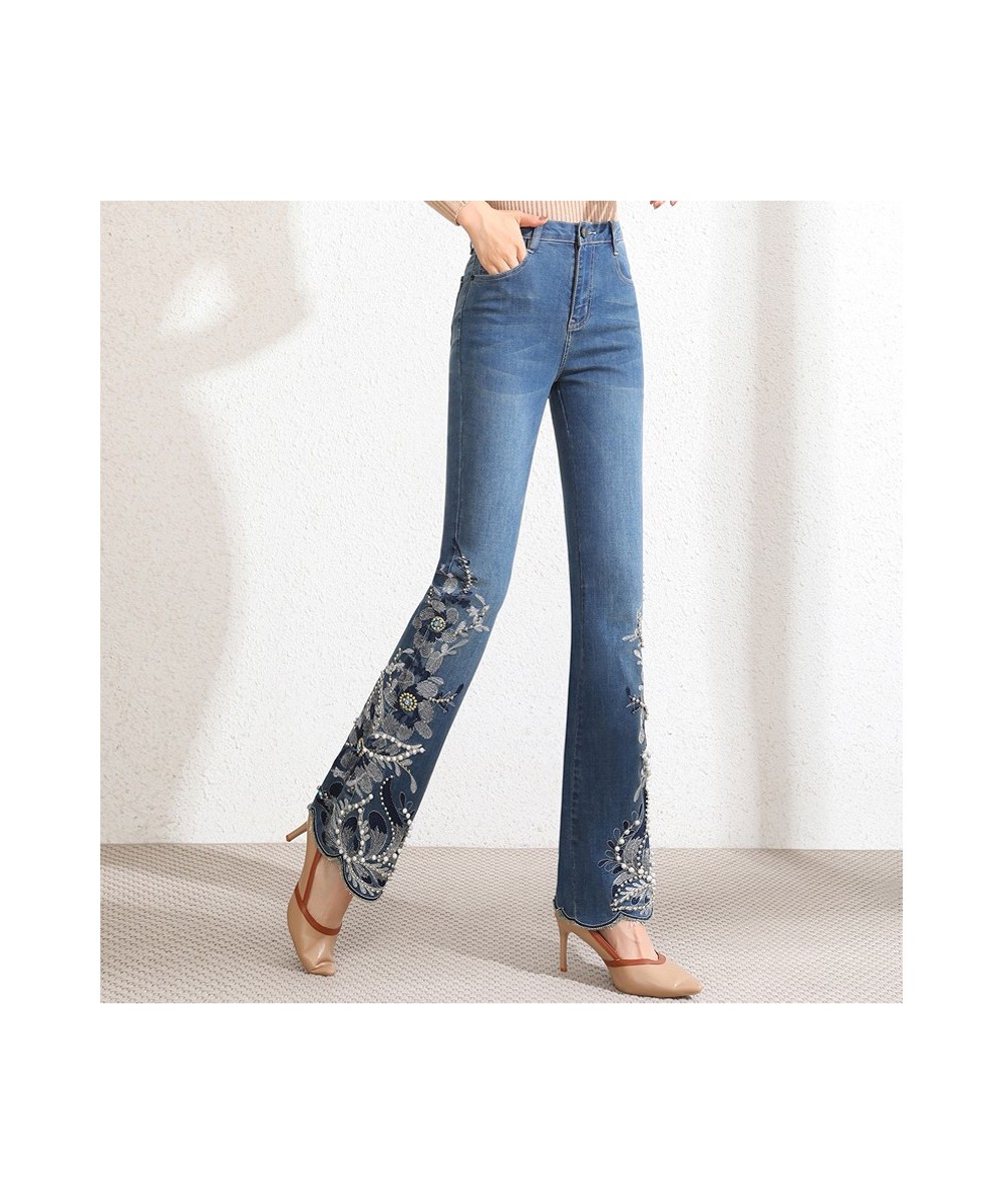 New Handmade beading Embroidery High Waist Flare Pants Women Stretch Slim Fit Jeans Female Casual Trousers Plus Size $77.00 -...