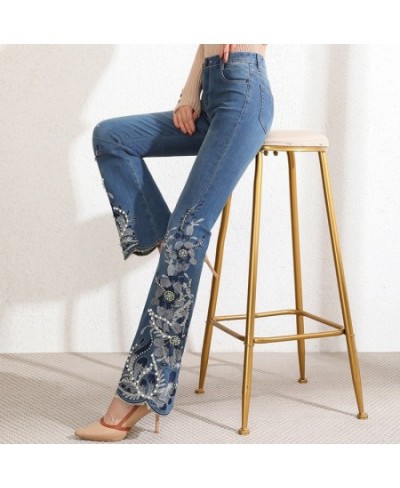 New Handmade beading Embroidery High Waist Flare Pants Women Stretch Slim Fit Jeans Female Casual Trousers Plus Size $77.00 -...