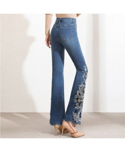 New Handmade beading Embroidery High Waist Flare Pants Women Stretch Slim Fit Jeans Female Casual Trousers Plus Size $77.00 -...