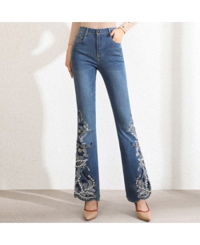 New Handmade beading Embroidery High Waist Flare Pants Women Stretch Slim Fit Jeans Female Casual Trousers Plus Size $77.00 -...