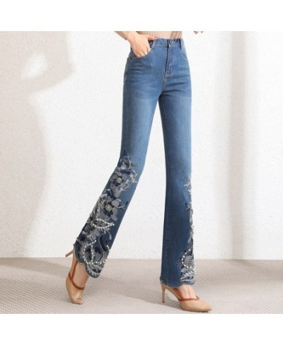 New Handmade beading Embroidery High Waist Flare Pants Women Stretch Slim Fit Jeans Female Casual Trousers Plus Size $77.00 -...