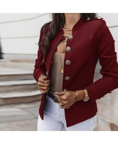 Women Fashion Metal Double Breasted Woollen Blazers Coat Vintage Long Sleeve Female Outerwear Chic Tops $36.14 - Suits & Sets