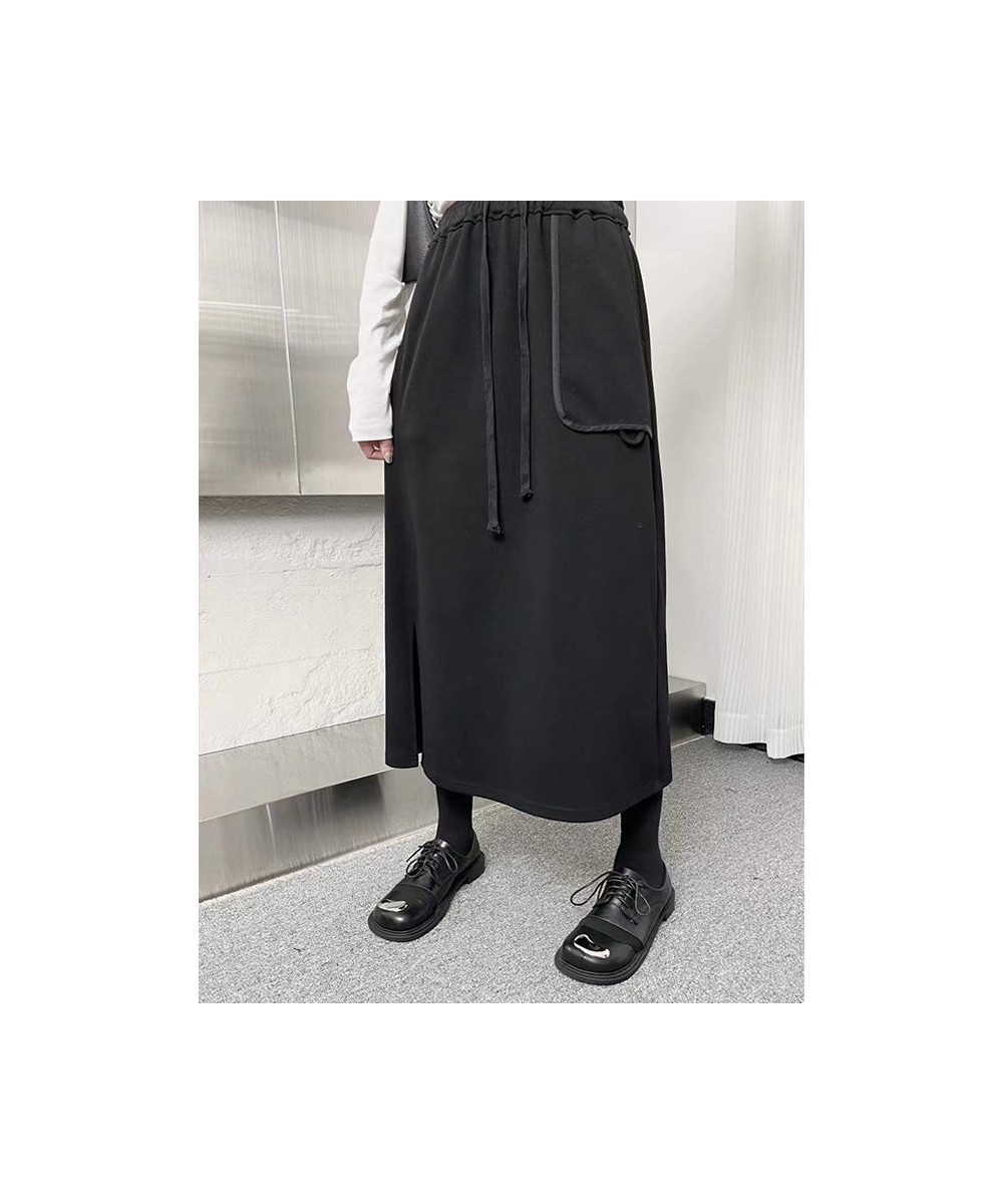 Women Clothes Fashion Drawstring Black Elastic Waist A-line Skirt Spring Simplicity Pocket High Waist Skirt Ladies Dress $43....