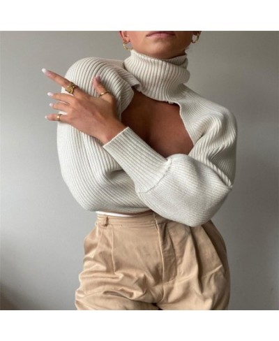 Women's Turtleneck Knitted Ultra Short Pullover Top Solid Color Long Puff Sleeve Cutout Backless Crop Top Sweater Knitwear $3...