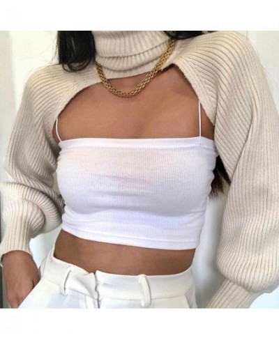 Women's Turtleneck Knitted Ultra Short Pullover Top Solid Color Long Puff Sleeve Cutout Backless Crop Top Sweater Knitwear $3...