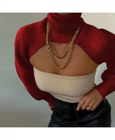 Women's Turtleneck Knitted Ultra Short Pullover Top Solid Color Long Puff Sleeve Cutout Backless Crop Top Sweater Knitwear $3...