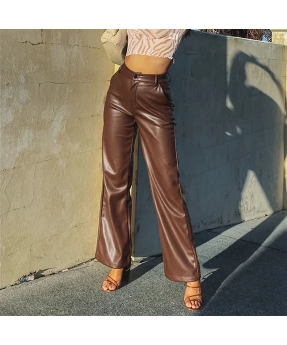 Pure Color Leather Pants Fashion New Casual High Elastic Pu Leather Pants Straight Leggings Elegant Women Pants Female Clothi...