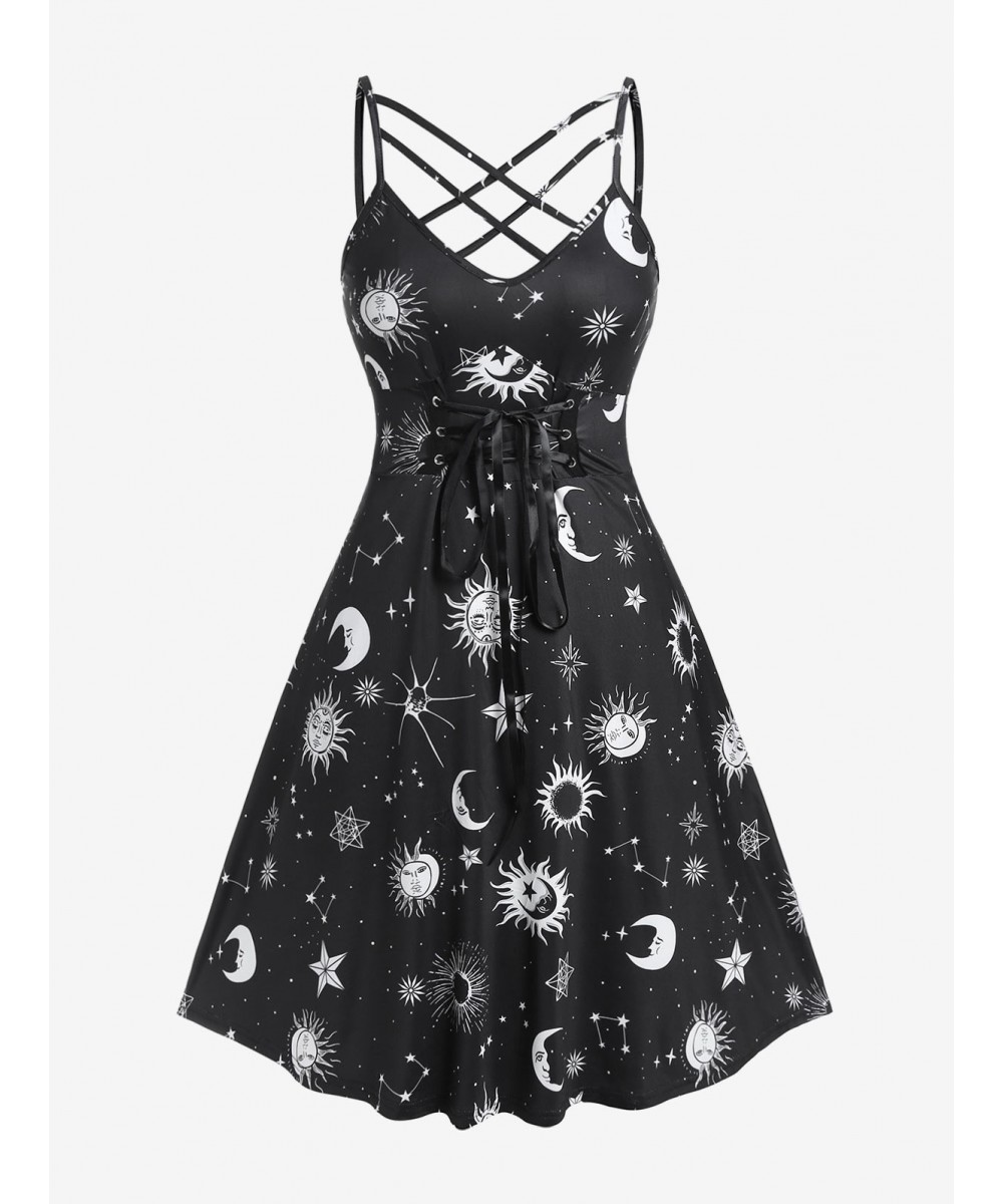 Vintage Strappy Lace Up A Line Dresses Female Summer Sun Moon Printed Backless High Waist Sleeveless Knee-Length Dress $35.64...