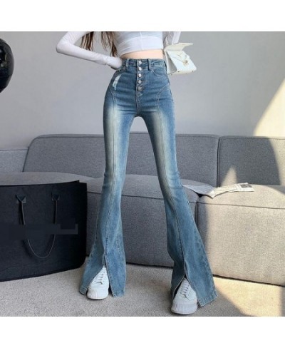 Women's Vintage Blue High Waist Single Breasted Button Fly Flare Jeans Spring Summer Streetwear Split Boot Cut Denim Pants $5...