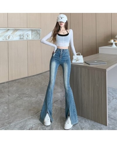 Women's Vintage Blue High Waist Single Breasted Button Fly Flare Jeans Spring Summer Streetwear Split Boot Cut Denim Pants $5...