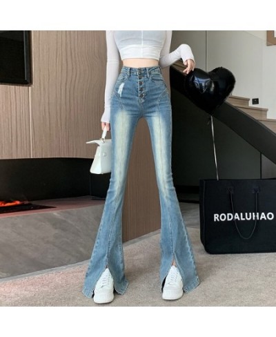 Women's Vintage Blue High Waist Single Breasted Button Fly Flare Jeans Spring Summer Streetwear Split Boot Cut Denim Pants $5...