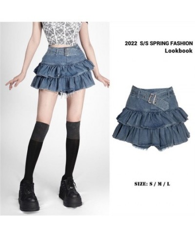 Y2K Korean Style Double Layer Ruffle High Waist Jeans Skirt Thin Mini Skirt Versatile Short Skirt $38.57 - Skirts