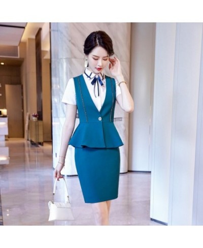 Fashion Ladies Blue Waistcoat Vest Women 2 Piece Skirt and Top Sets Business Suits Work Uniform Office Wear OL Styles $87.06 ...