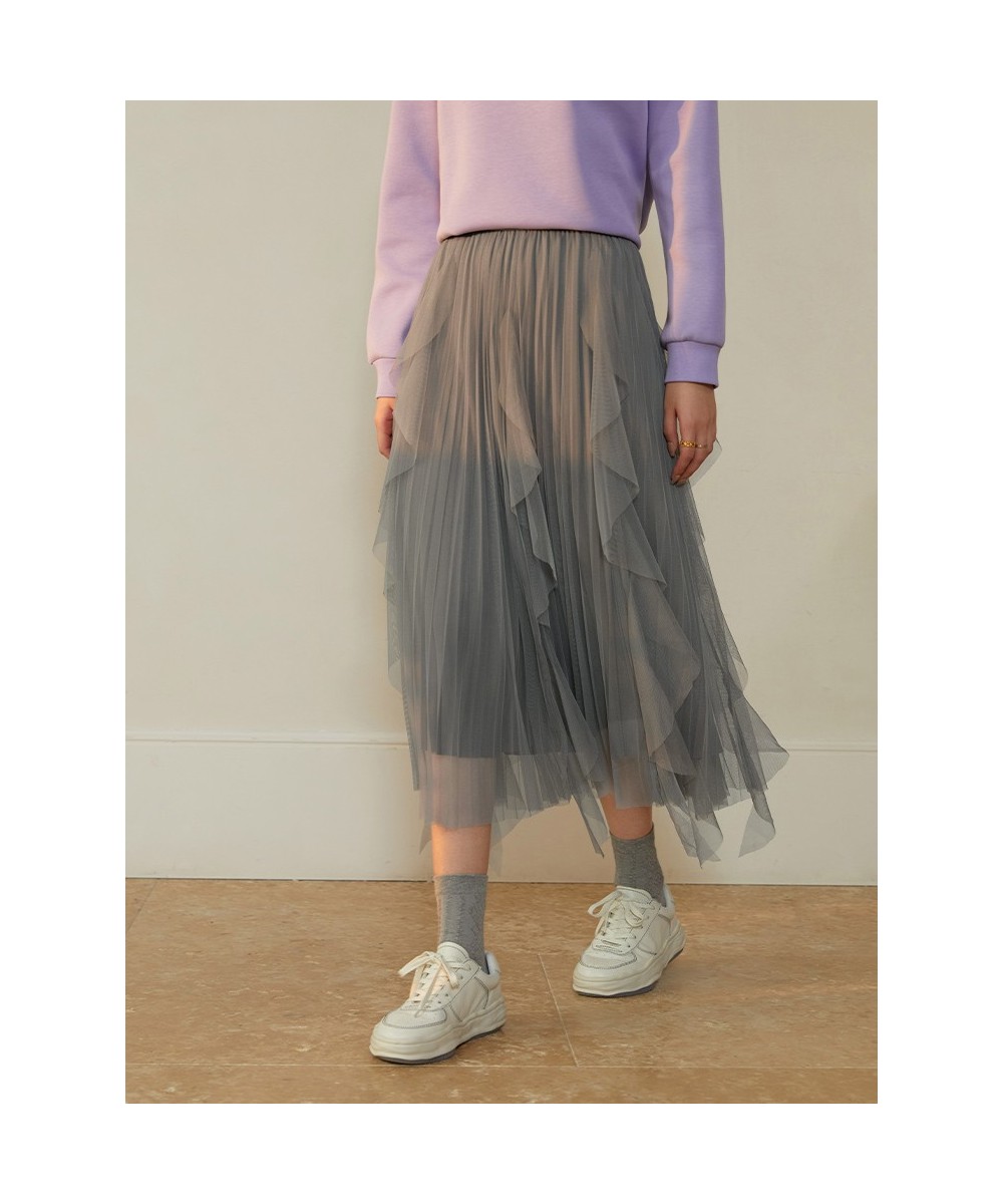 Elastic Waist Women Gray Irregular Mesh A-LINE Skirts 2023 Spring New Commuter Lady Tutu Skirt Casual High Waist Bottom $66.3...