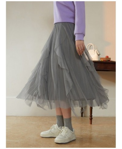 Elastic Waist Women Gray Irregular Mesh A-LINE Skirts 2023 Spring New Commuter Lady Tutu Skirt Casual High Waist Bottom $66.3...