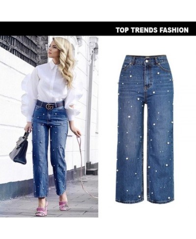 2022 Women High Waist Pearl Denim Jeans Full Length Light Wash Streetwear Cotton Wide Leg Pants with Pocket Size S M L XL 2XL...