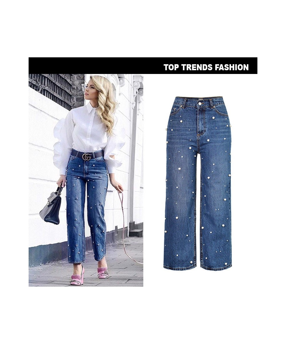 2022 Women High Waist Pearl Denim Jeans Full Length Light Wash Streetwear Cotton Wide Leg Pants with Pocket Size S M L XL 2XL...