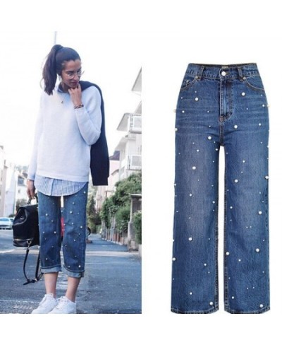 2022 Women High Waist Pearl Denim Jeans Full Length Light Wash Streetwear Cotton Wide Leg Pants with Pocket Size S M L XL 2XL...