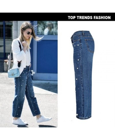 2022 Women High Waist Pearl Denim Jeans Full Length Light Wash Streetwear Cotton Wide Leg Pants with Pocket Size S M L XL 2XL...