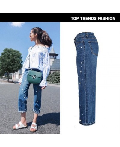 2022 Women High Waist Pearl Denim Jeans Full Length Light Wash Streetwear Cotton Wide Leg Pants with Pocket Size S M L XL 2XL...