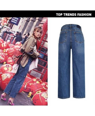 2022 Women High Waist Pearl Denim Jeans Full Length Light Wash Streetwear Cotton Wide Leg Pants with Pocket Size S M L XL 2XL...