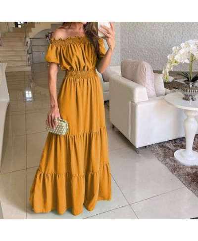 Women Short Sleeve Pleated Beach Long Dress Elegant Casual Solid Color Slash Neck Dress Sexy Off Shoulder High Waist Party $5...