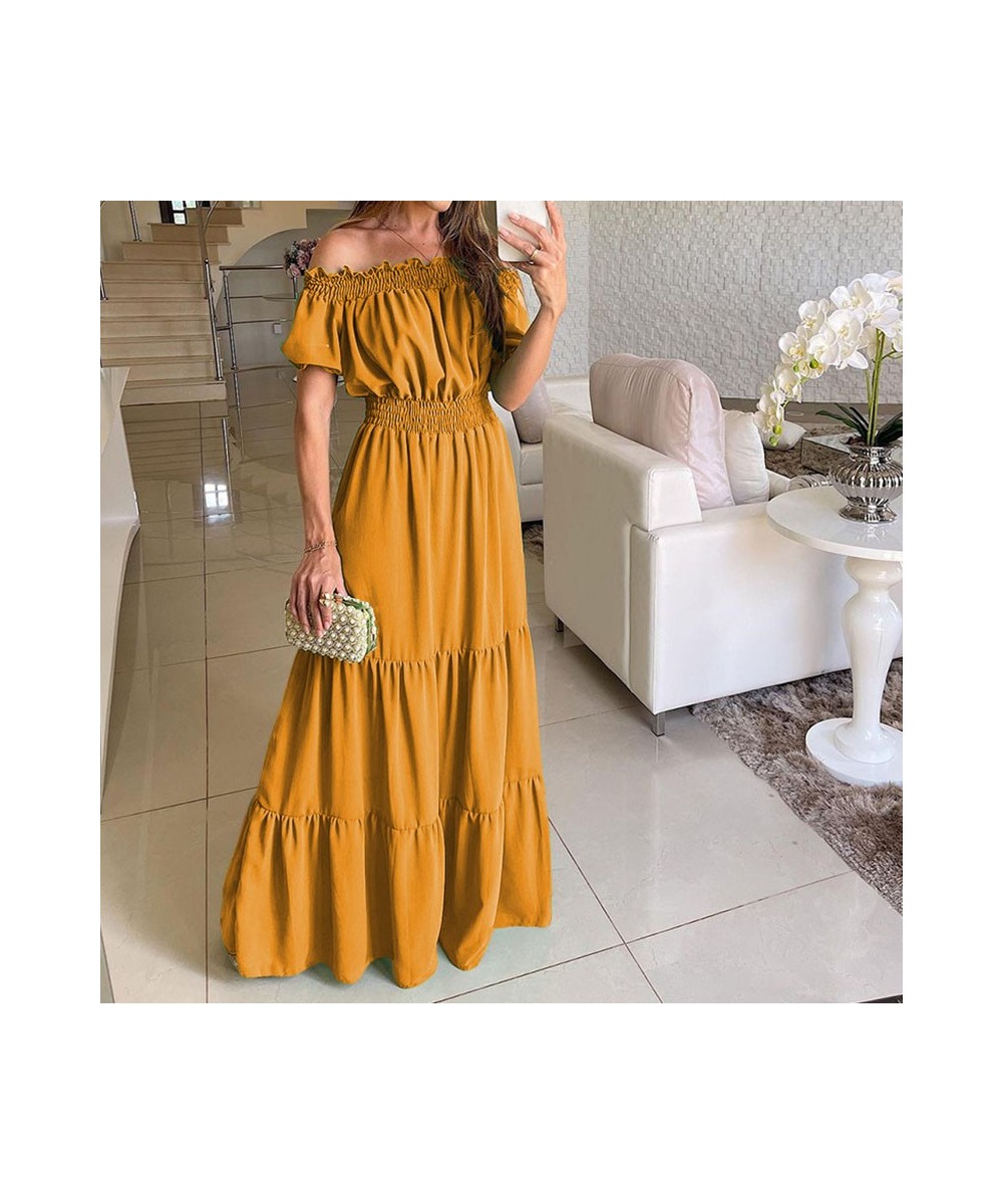 Women Short Sleeve Pleated Beach Long Dress Elegant Casual Solid Color Slash Neck Dress Sexy Off Shoulder High Waist Party $5...