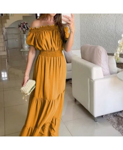 Women Short Sleeve Pleated Beach Long Dress Elegant Casual Solid Color Slash Neck Dress Sexy Off Shoulder High Waist Party $5...