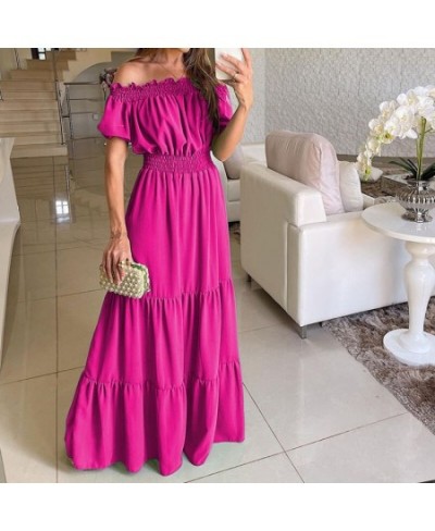 Women Short Sleeve Pleated Beach Long Dress Elegant Casual Solid Color Slash Neck Dress Sexy Off Shoulder High Waist Party $5...