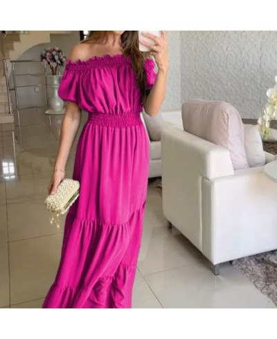 Women Short Sleeve Pleated Beach Long Dress Elegant Casual Solid Color Slash Neck Dress Sexy Off Shoulder High Waist Party $5...