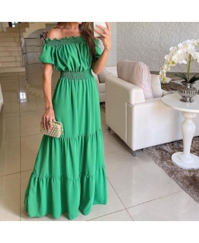 Women Short Sleeve Pleated Beach Long Dress Elegant Casual Solid Color Slash Neck Dress Sexy Off Shoulder High Waist Party $5...