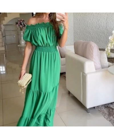 Women Short Sleeve Pleated Beach Long Dress Elegant Casual Solid Color Slash Neck Dress Sexy Off Shoulder High Waist Party $5...