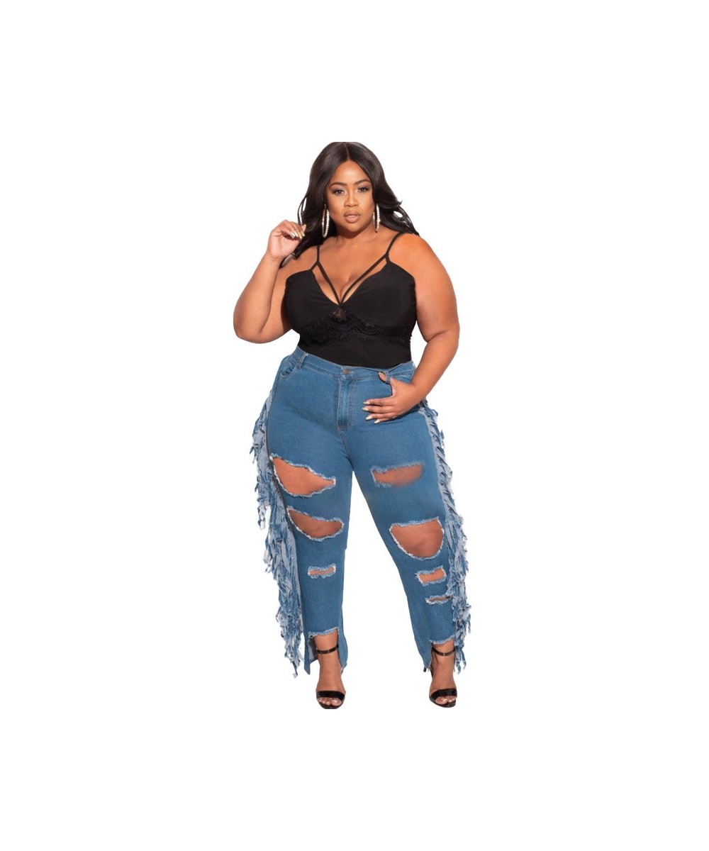 Streetwear Women Plus Size Ripped Jeans 2023 Autumn Drop-shipping High Waist Hollow Out Light Washed Tassels Denim Pencil Pan...