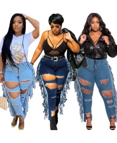 Streetwear Women Plus Size Ripped Jeans 2023 Autumn Drop-shipping High Waist Hollow Out Light Washed Tassels Denim Pencil Pan...