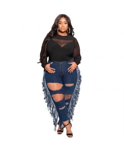 Streetwear Women Plus Size Ripped Jeans 2023 Autumn Drop-shipping High Waist Hollow Out Light Washed Tassels Denim Pencil Pan...