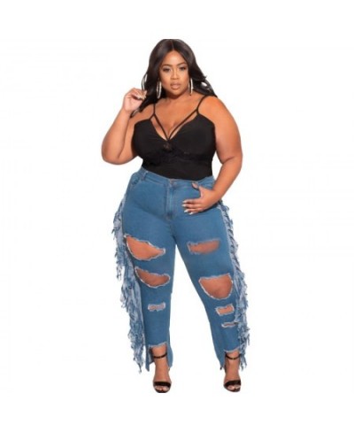 Streetwear Women Plus Size Ripped Jeans 2023 Autumn Drop-shipping High Waist Hollow Out Light Washed Tassels Denim Pencil Pan...