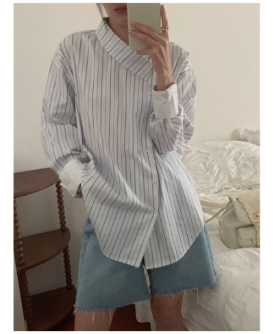 Blouse Women Shirts Striped Button Up Shirt Irregular Long Sleeve Tops Korean Fashion 2023 Office Lady Patchwork Clothes $45....