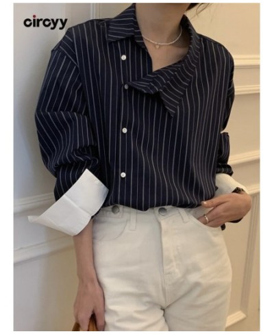 Blouse Women Shirts Striped Button Up Shirt Irregular Long Sleeve Tops Korean Fashion 2023 Office Lady Patchwork Clothes $45....