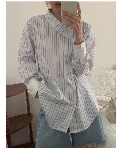 Blouse Women Shirts Striped Button Up Shirt Irregular Long Sleeve Tops Korean Fashion 2023 Office Lady Patchwork Clothes $45....