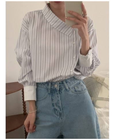 Blouse Women Shirts Striped Button Up Shirt Irregular Long Sleeve Tops Korean Fashion 2023 Office Lady Patchwork Clothes $45....