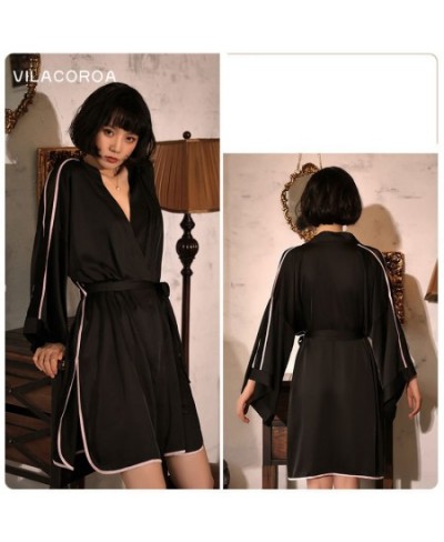 Kimono Spring Satin Cross Bandage Long-Sleeve Women's Bathrobe Lines Split Sexy Slim Black Robe Nightwear Deep V Female Night...