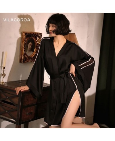 Kimono Spring Satin Cross Bandage Long-Sleeve Women's Bathrobe Lines Split Sexy Slim Black Robe Nightwear Deep V Female Night...