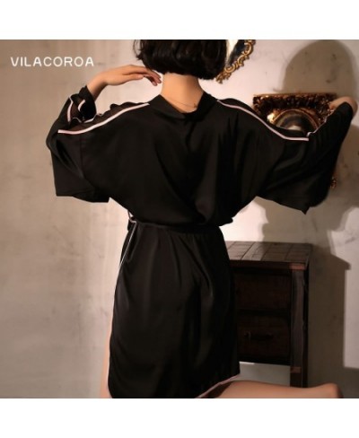 Kimono Spring Satin Cross Bandage Long-Sleeve Women's Bathrobe Lines Split Sexy Slim Black Robe Nightwear Deep V Female Night...