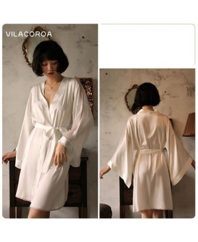 Kimono Spring Satin Cross Bandage Long-Sleeve Women's Bathrobe Lines Split Sexy Slim Black Robe Nightwear Deep V Female Night...